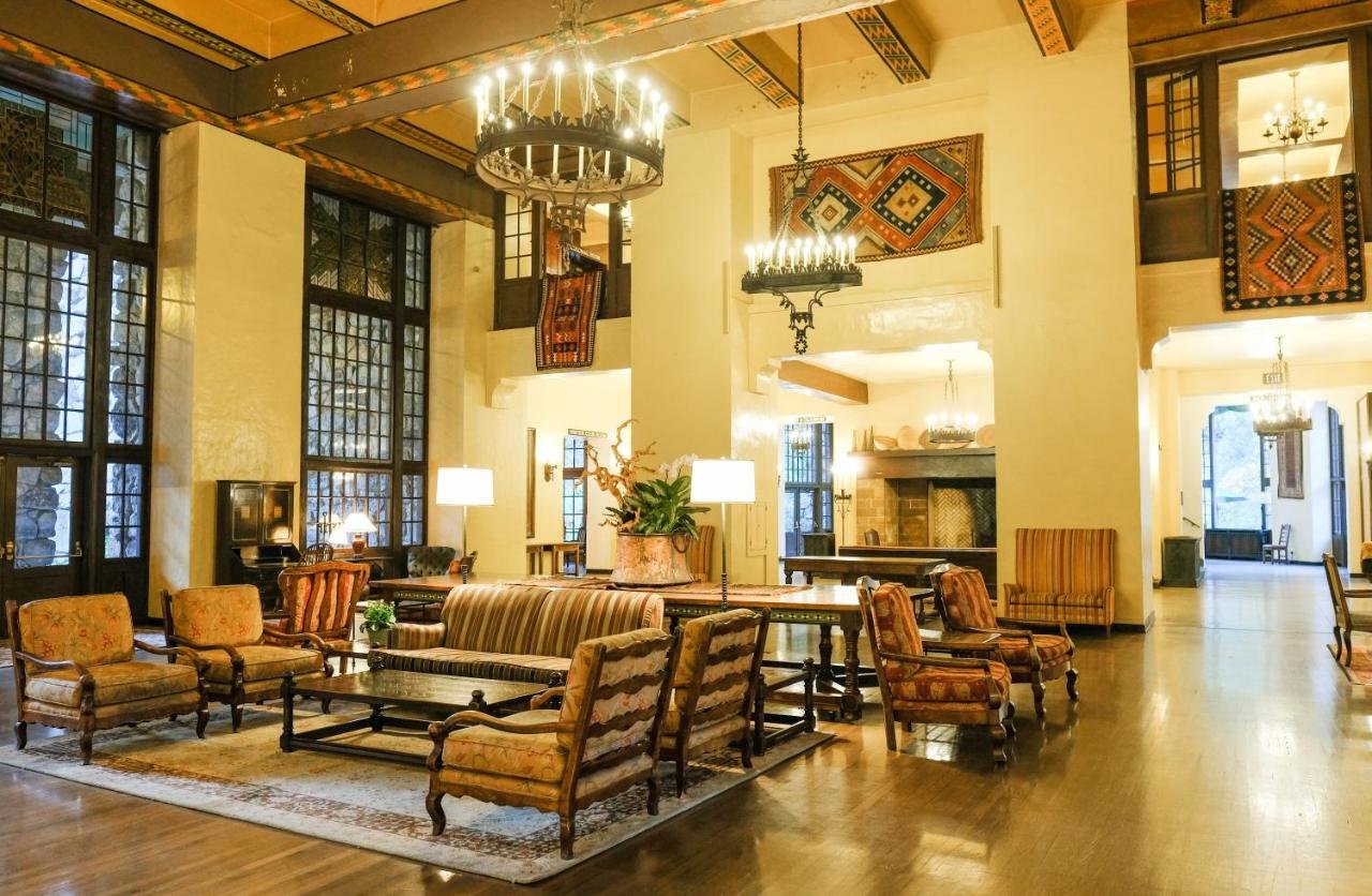 Rustic hotel lobby with seating